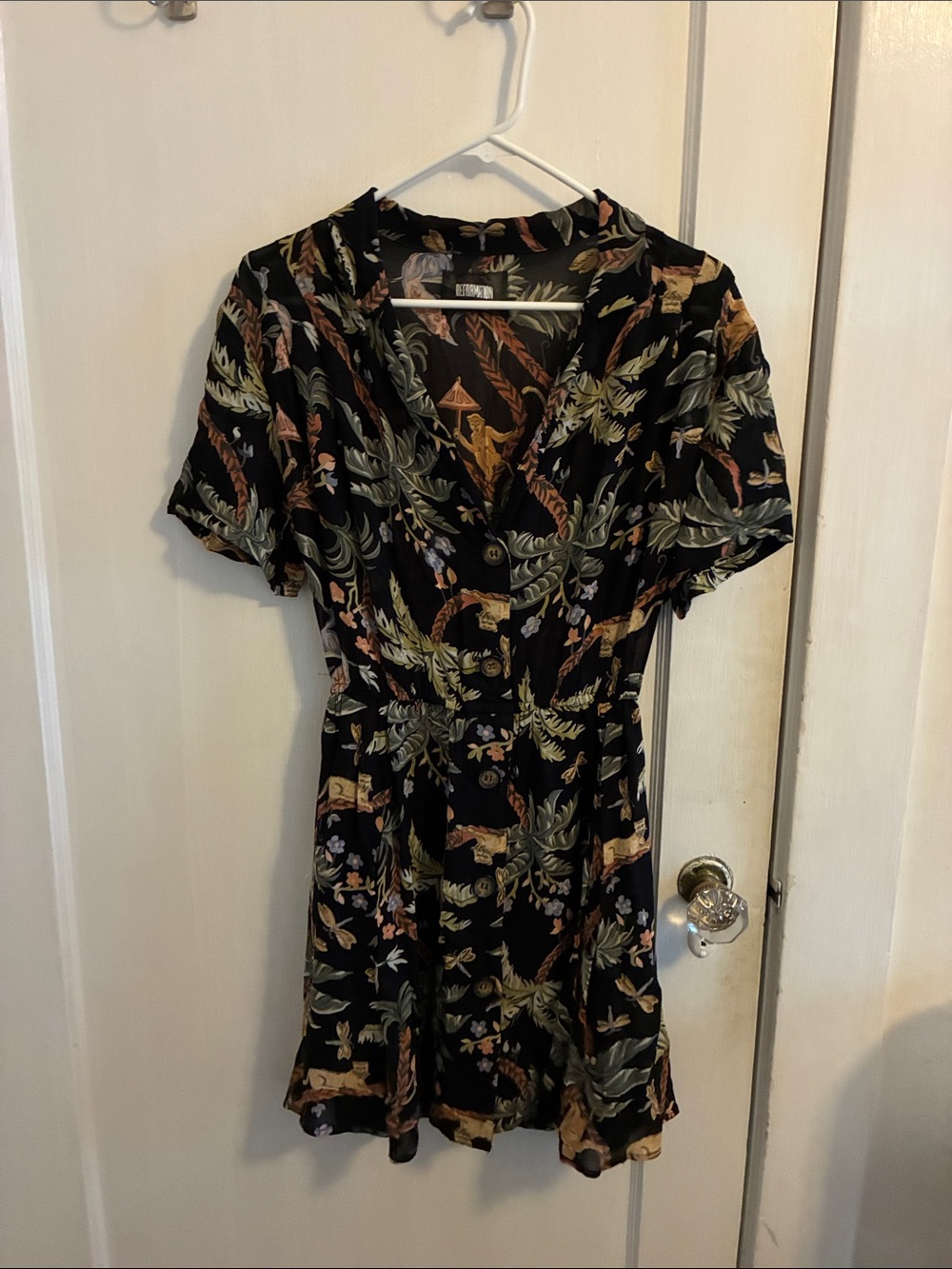 Reformation Black Tropical-Print Short Button Dress